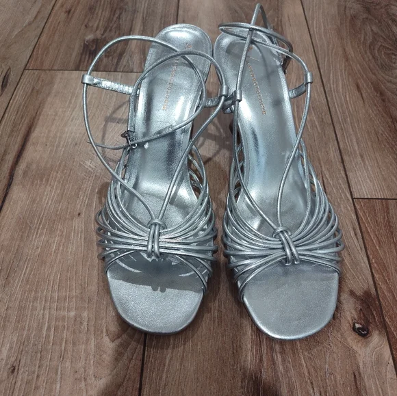 Anthropologie Silver Strappy Sandal Heels - Picture 2 of 11
